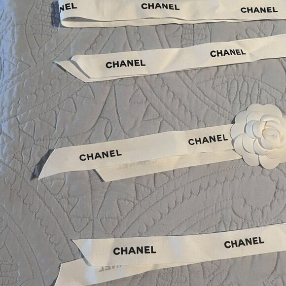 THREE Chanel Classic White Ribbons w/ Black Logo - (2) 34" + (1) 68" - Picture 4 of 6